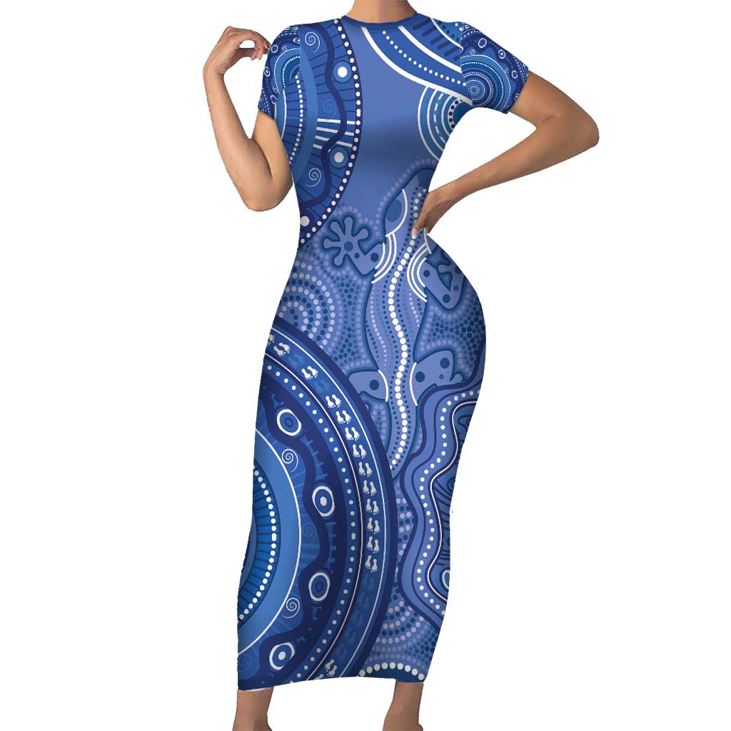 Australia Autism Awareness Short Sleeve Bodycon Dress Aboriginal Lizard Dot Painting