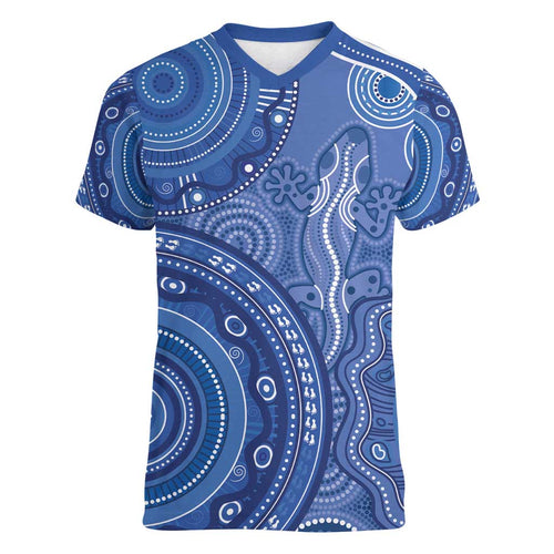 Australia Autism Awareness Women V-Neck T-Shirt Aboriginal Lizard Dot Painting
