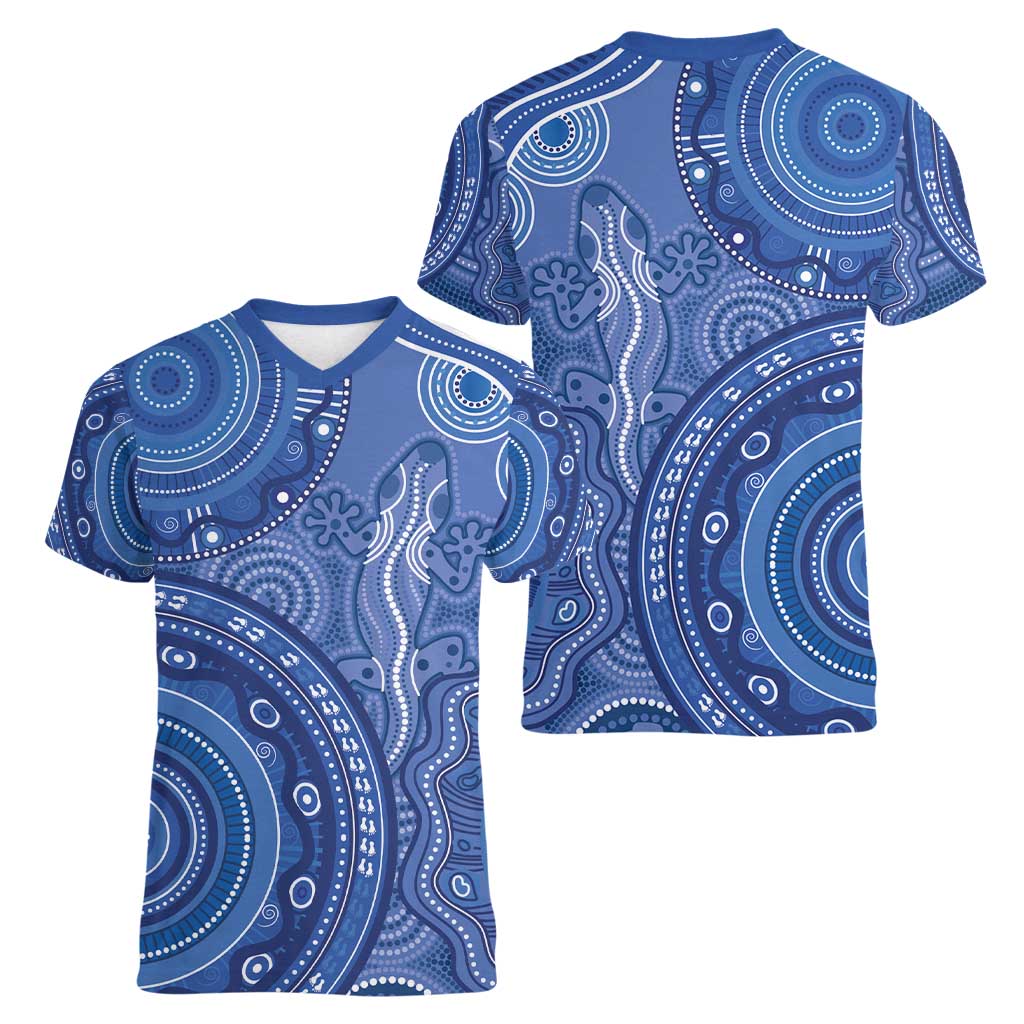 Australia Autism Awareness Women V-Neck T-Shirt Aboriginal Lizard Dot Painting