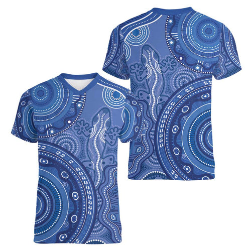 Australia Autism Awareness Women V-Neck T-Shirt Aboriginal Lizard Dot Painting