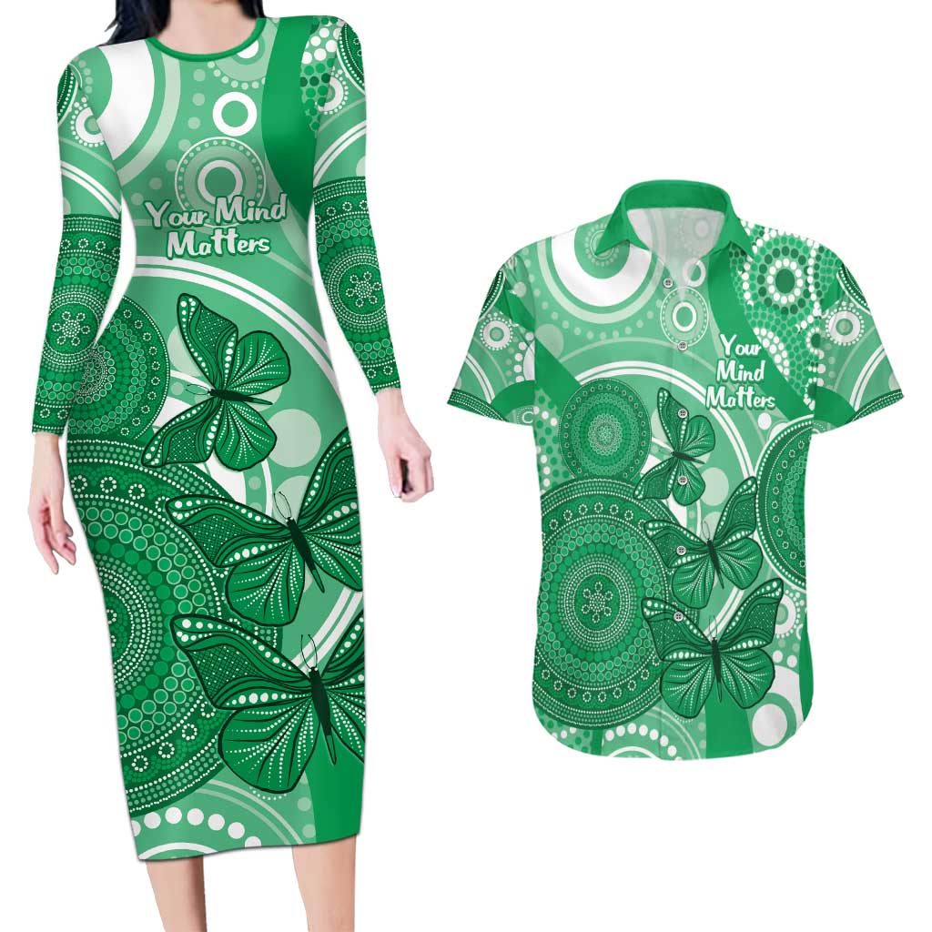 Personalised Australia Mental Health Awareness Month Couples Matching Long Sleeve Bodycon Dress and Hawaiian Shirt Your Mind Matter Aboriginal Art