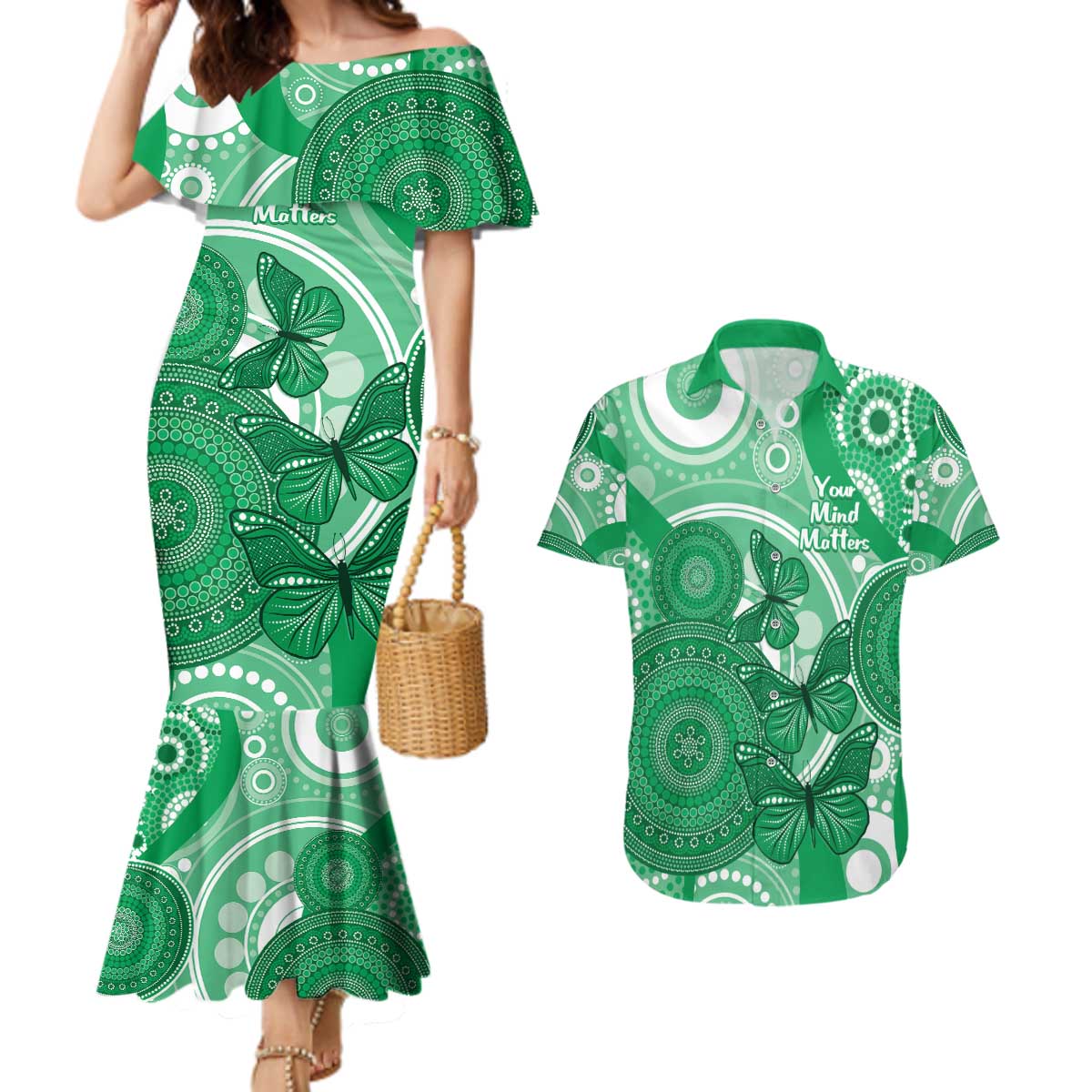 Personalised Australia Mental Health Awareness Month Couples Matching Mermaid Dress and Hawaiian Shirt Your Mind Matter Aboriginal Art