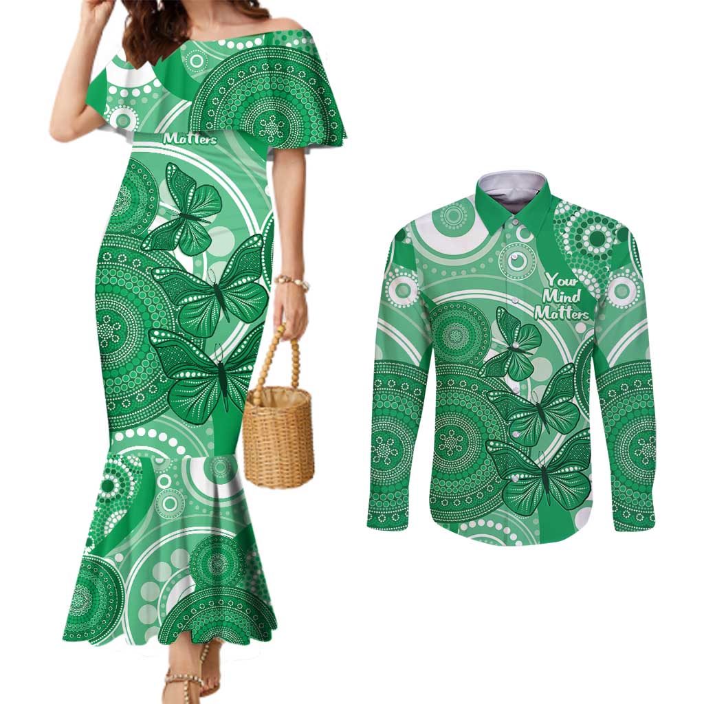 Personalised Australia Mental Health Awareness Month Couples Matching Mermaid Dress and Long Sleeve Button Shirt Your Mind Matter Aboriginal Art