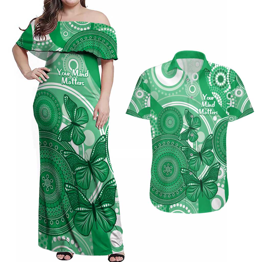 Personalised Australia Mental Health Awareness Month Couples Matching Off Shoulder Maxi Dress and Hawaiian Shirt Your Mind Matter Aboriginal Art