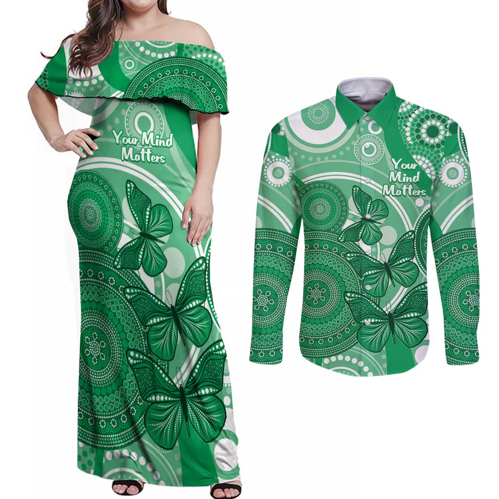 Personalised Australia Mental Health Awareness Month Couples Matching Off Shoulder Maxi Dress and Long Sleeve Button Shirt Your Mind Matter Aboriginal Art