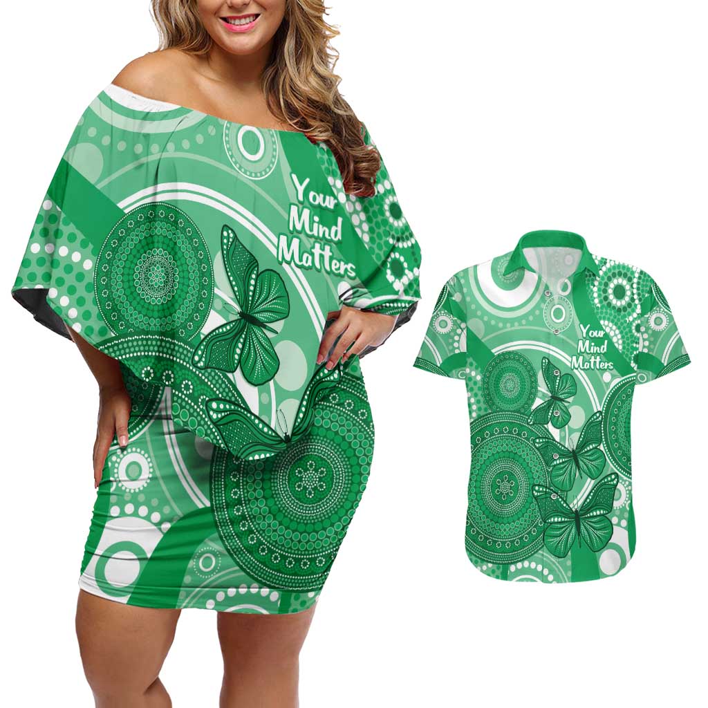 Personalised Australia Mental Health Awareness Month Couples Matching Off Shoulder Short Dress and Hawaiian Shirt Your Mind Matter Aboriginal Art