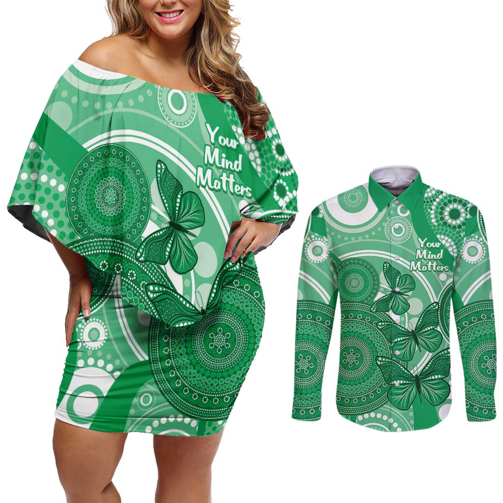 Personalised Australia Mental Health Awareness Month Couples Matching Off Shoulder Short Dress and Long Sleeve Button Shirt Your Mind Matter Aboriginal Art