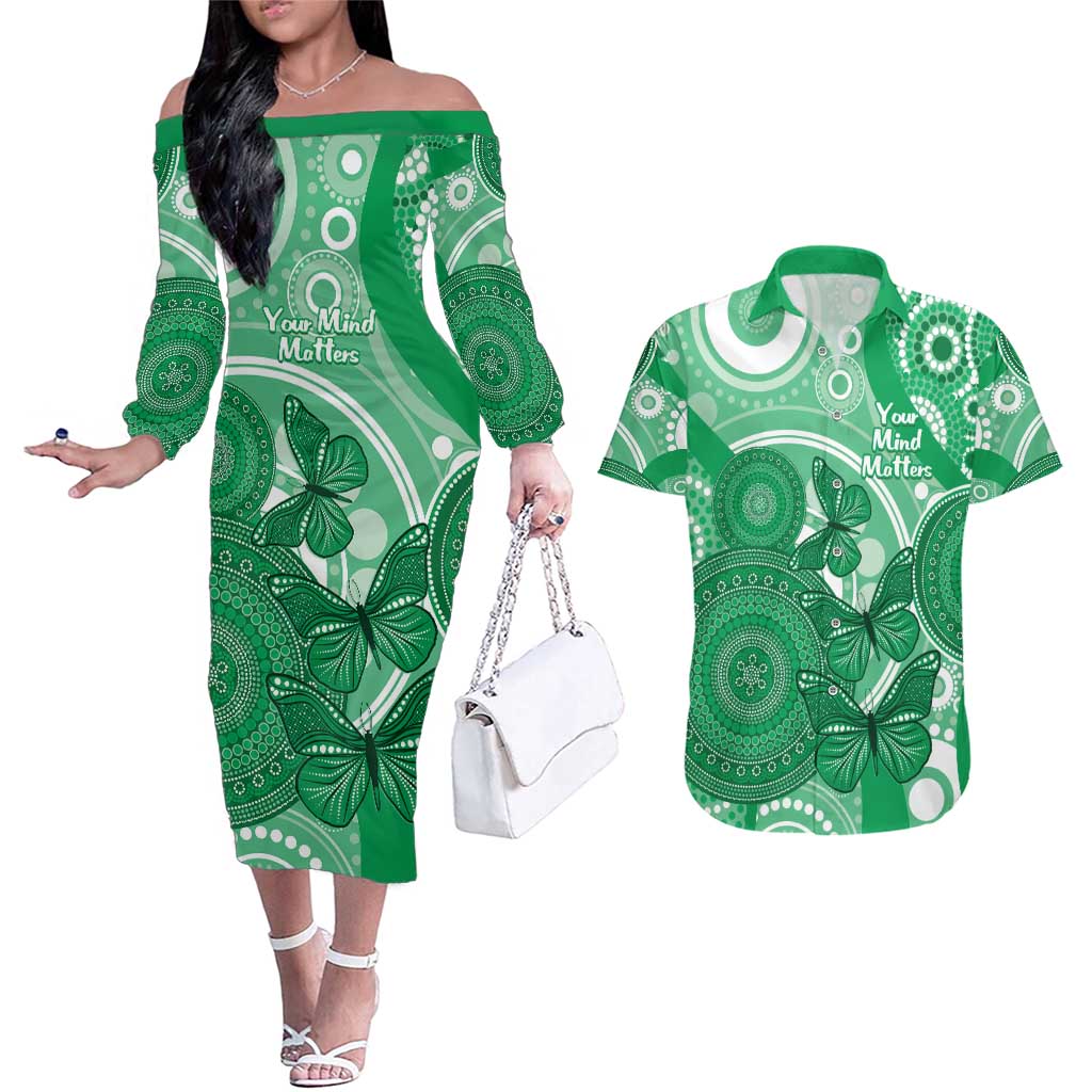 Personalised Australia Mental Health Awareness Month Couples Matching Off The Shoulder Long Sleeve Dress and Hawaiian Shirt Your Mind Matter Aboriginal Art