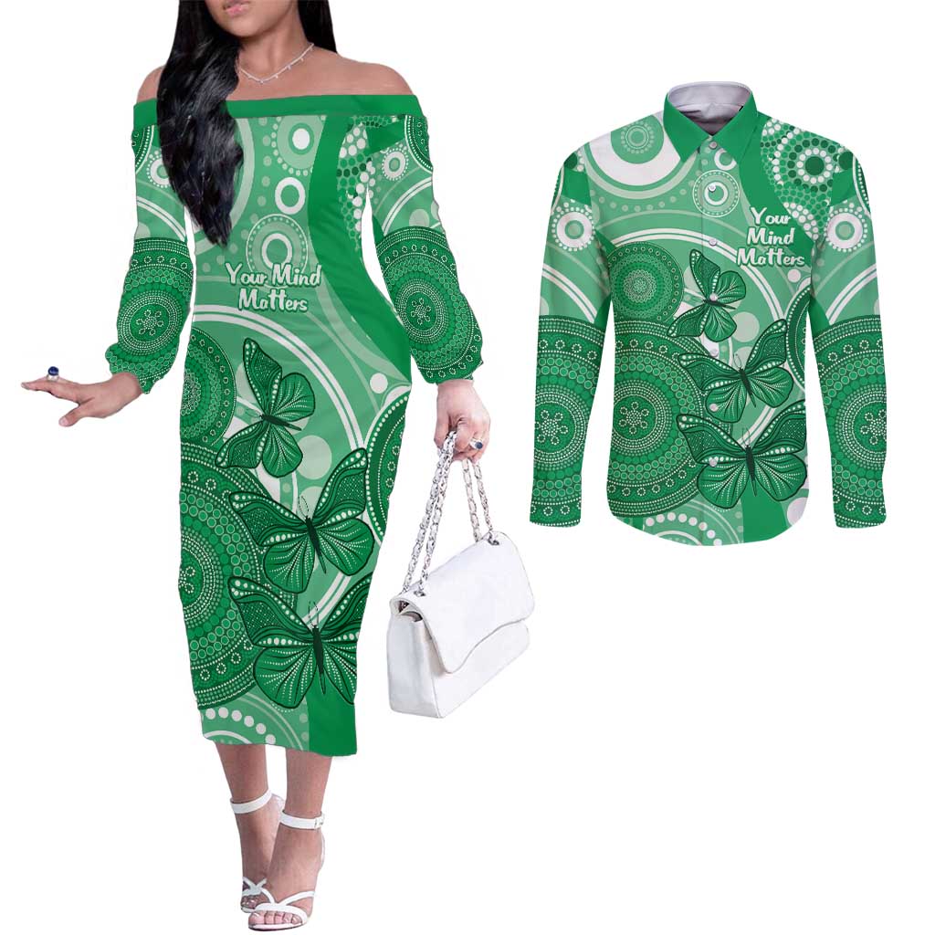 Personalised Australia Mental Health Awareness Month Couples Matching Off The Shoulder Long Sleeve Dress and Long Sleeve Button Shirt Your Mind Matter Aboriginal Art