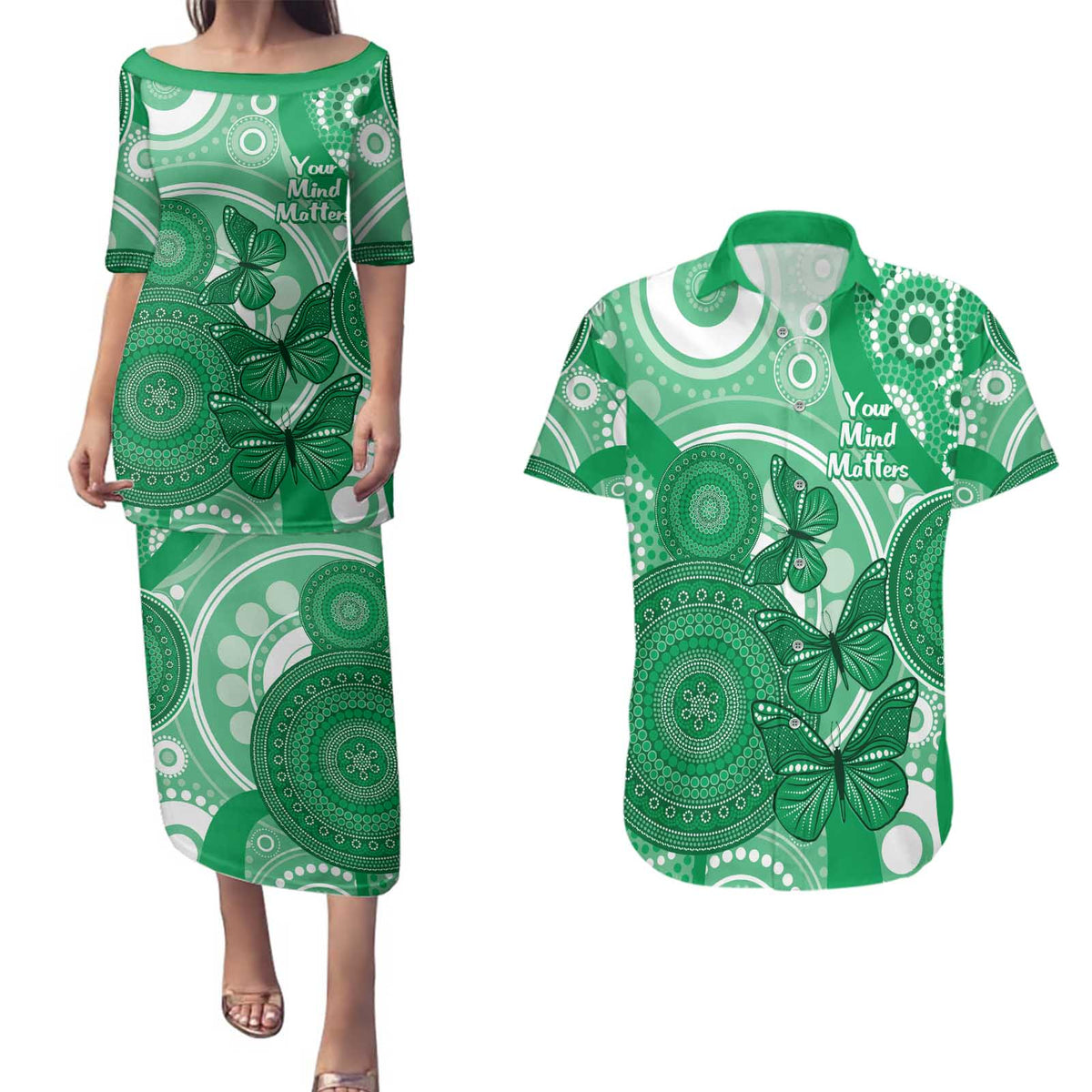 Personalised Australia Mental Health Awareness Month Couples Matching Puletasi and Hawaiian Shirt Your Mind Matter Aboriginal Art