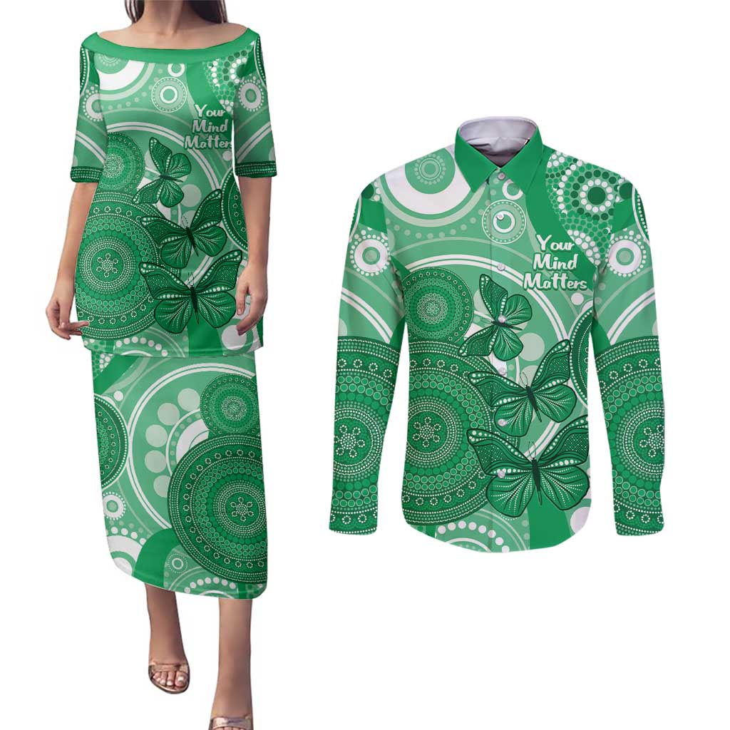Personalised Australia Mental Health Awareness Month Couples Matching Puletasi and Long Sleeve Button Shirt Your Mind Matter Aboriginal Art