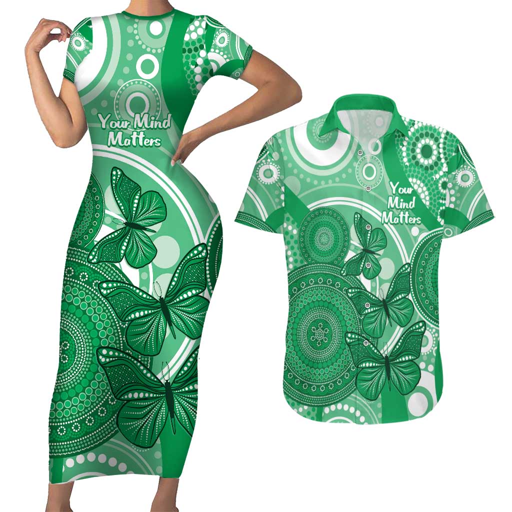 Personalised Australia Mental Health Awareness Month Couples Matching Short Sleeve Bodycon Dress and Hawaiian Shirt Your Mind Matter Aboriginal Art
