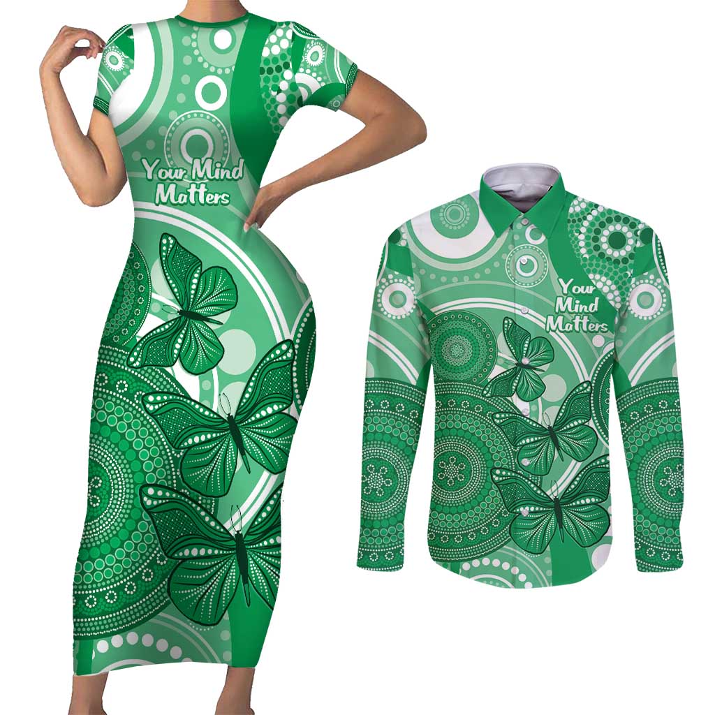 Personalised Australia Mental Health Awareness Month Couples Matching Short Sleeve Bodycon Dress and Long Sleeve Button Shirt Your Mind Matter Aboriginal Art