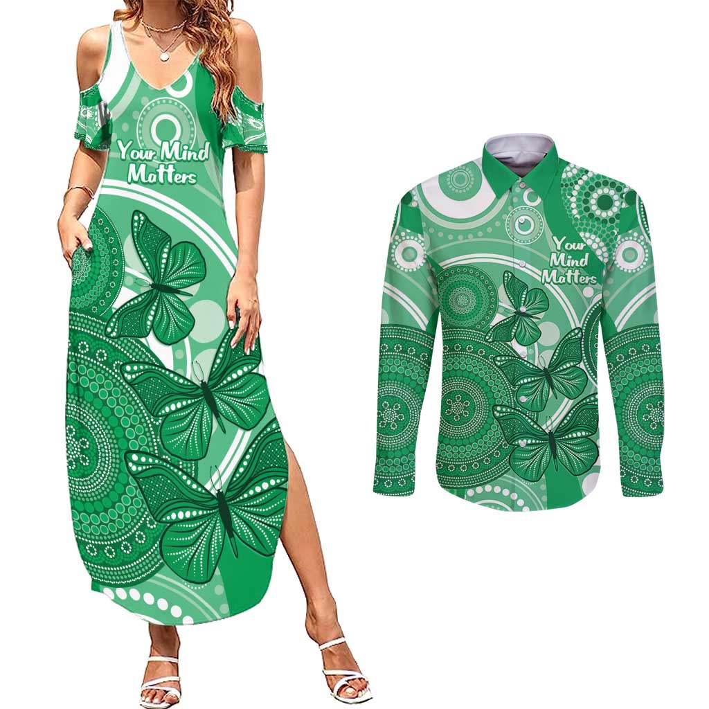Personalised Australia Mental Health Awareness Month Couples Matching Summer Maxi Dress and Long Sleeve Button Shirt Your Mind Matter Aboriginal Art