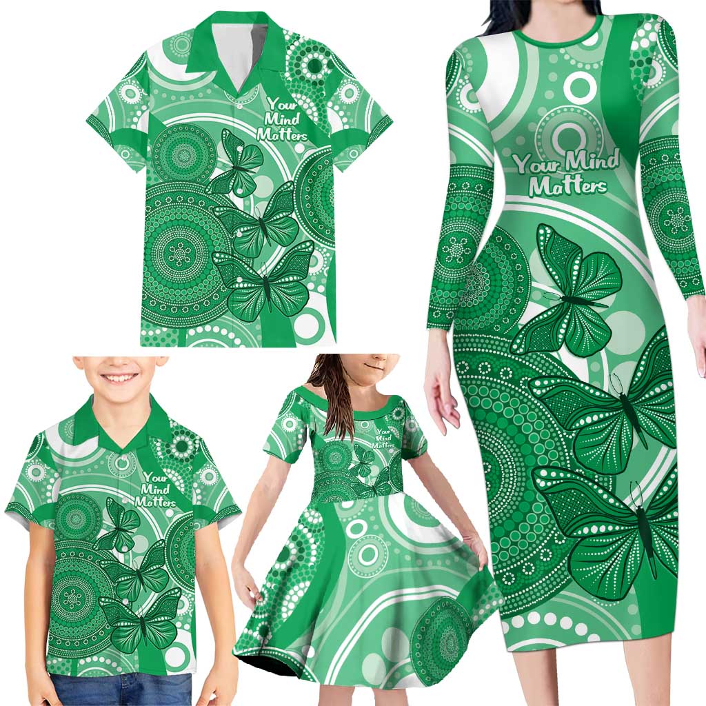 Personalised Australia Mental Health Awareness Month Family Matching Long Sleeve Bodycon Dress and Hawaiian Shirt Your Mind Matter Aboriginal Art