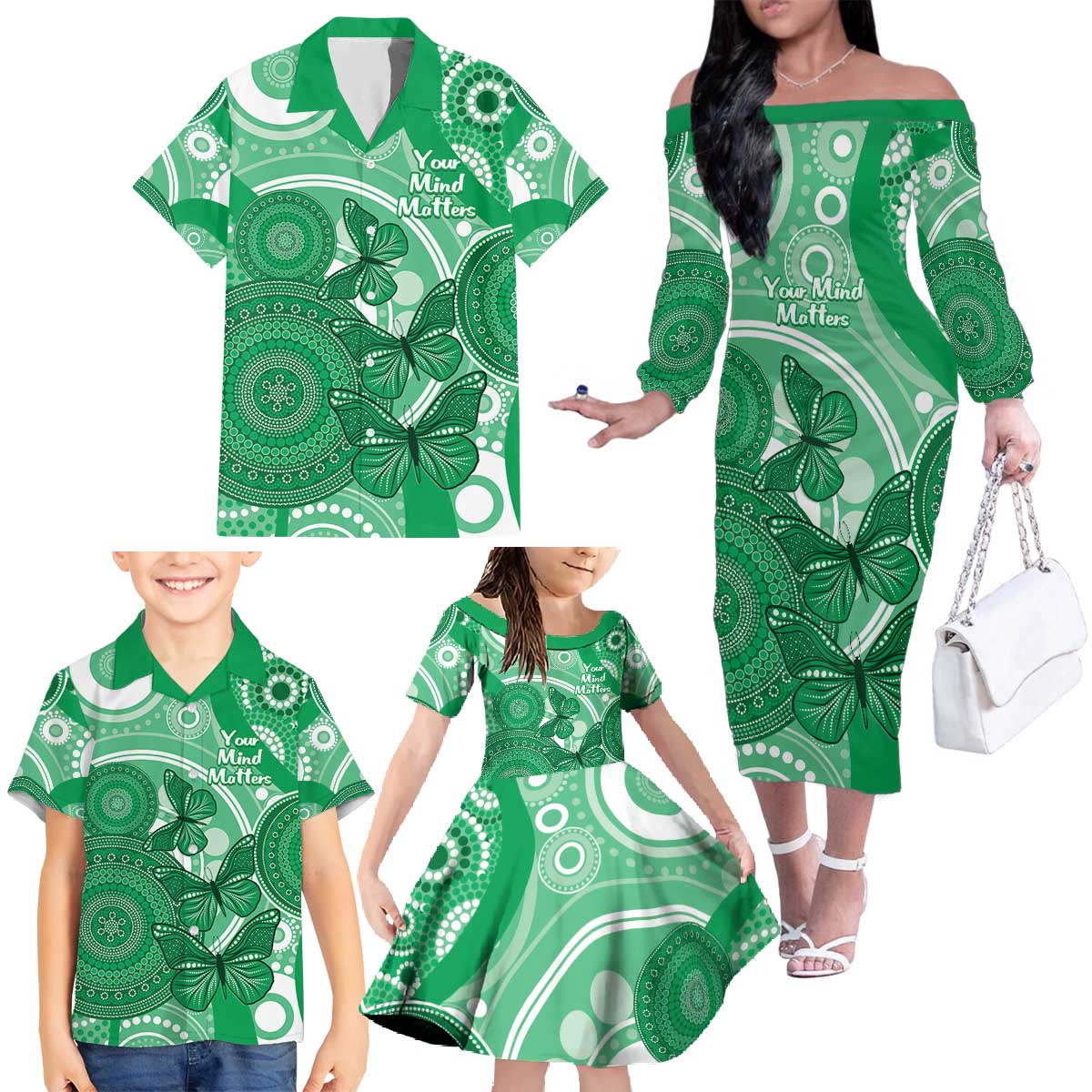 Personalised Australia Mental Health Awareness Month Family Matching Off The Shoulder Long Sleeve Dress and Hawaiian Shirt Your Mind Matter Aboriginal Art
