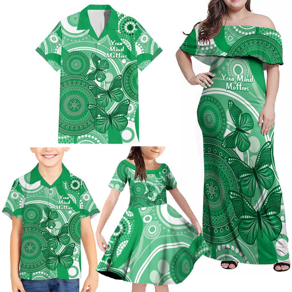 Personalised Australia Mental Health Awareness Month Family Matching Off Shoulder Maxi Dress and Hawaiian Shirt Your Mind Matter Aboriginal Art
