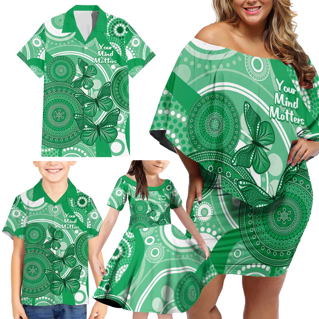 Personalised Australia Mental Health Awareness Month Family Matching Off Shoulder Short Dress and Hawaiian Shirt Your Mind Matter Aboriginal Art