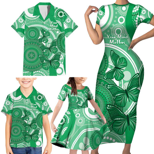 Personalised Australia Mental Health Awareness Month Family Matching Short Sleeve Bodycon Dress and Hawaiian Shirt Your Mind Matter Aboriginal Art