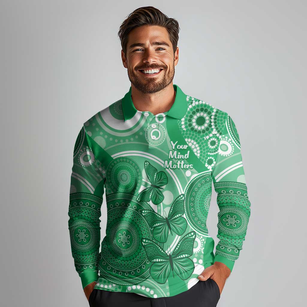 Personalised Australia Mental Health Awareness Month Long Sleeve Polo Shirt Your Mind Matter Aboriginal Art