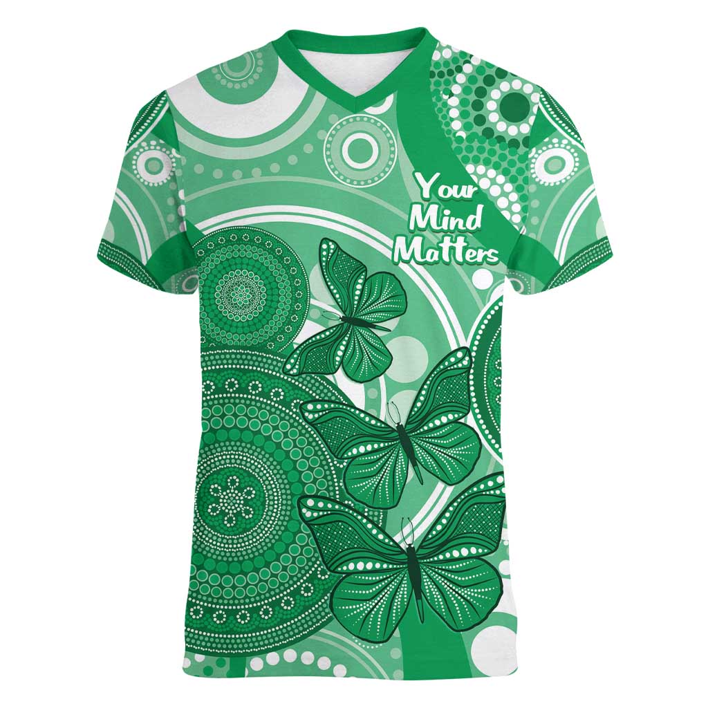 Personalised Australia Mental Health Awareness Month Women V-Neck T-Shirt Your Mind Matter Aboriginal Art