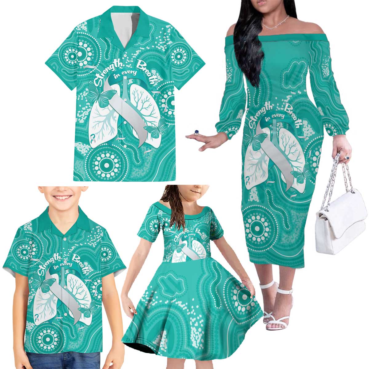 National Asthma Week Australia Family Matching Off The Shoulder Long Sleeve Dress and Hawaiian Shirt Strength In Every Breath