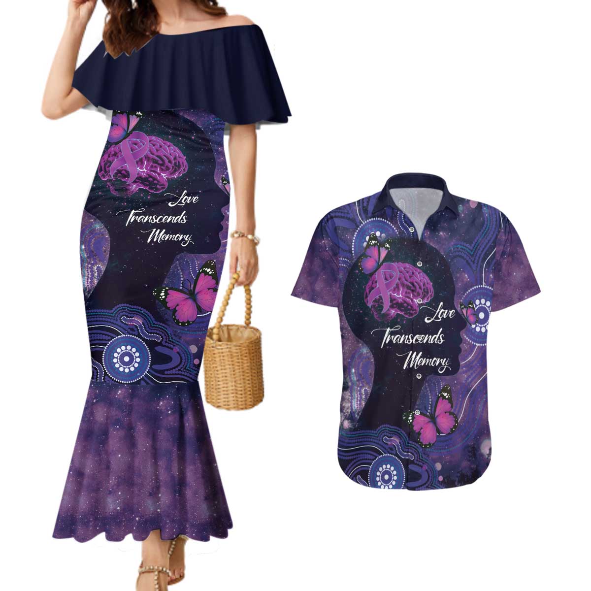 Alzheimer's and Brain Awareness Month Australia Couples Matching Mermaid Dress and Hawaiian Shirt Love Transcends Memory