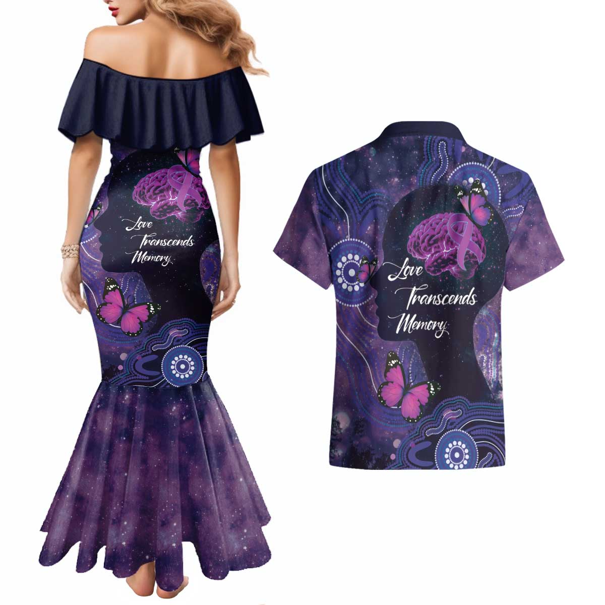 Alzheimer's and Brain Awareness Month Australia Couples Matching Mermaid Dress and Hawaiian Shirt Love Transcends Memory