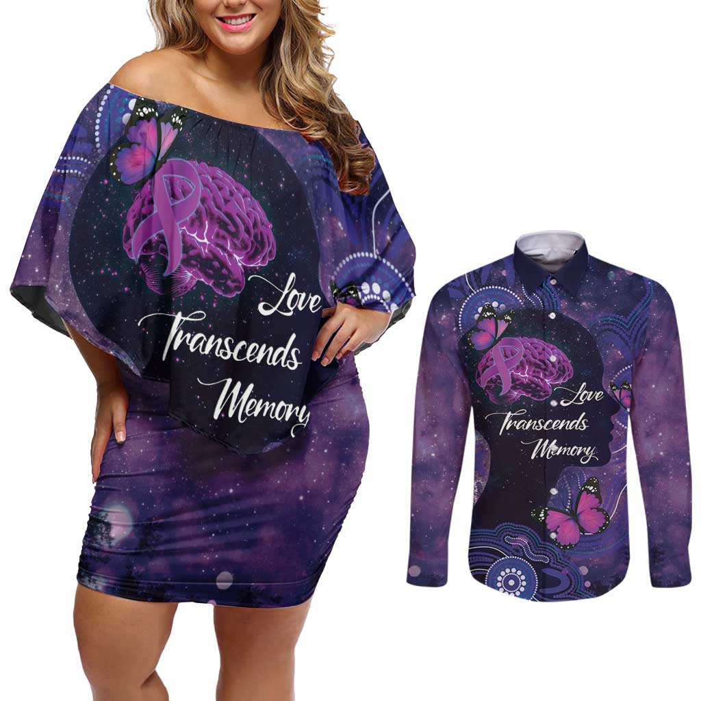 Alzheimer's and Brain Awareness Month Australia Couples Matching Off Shoulder Short Dress and Long Sleeve Button Shirt Love Transcends Memory