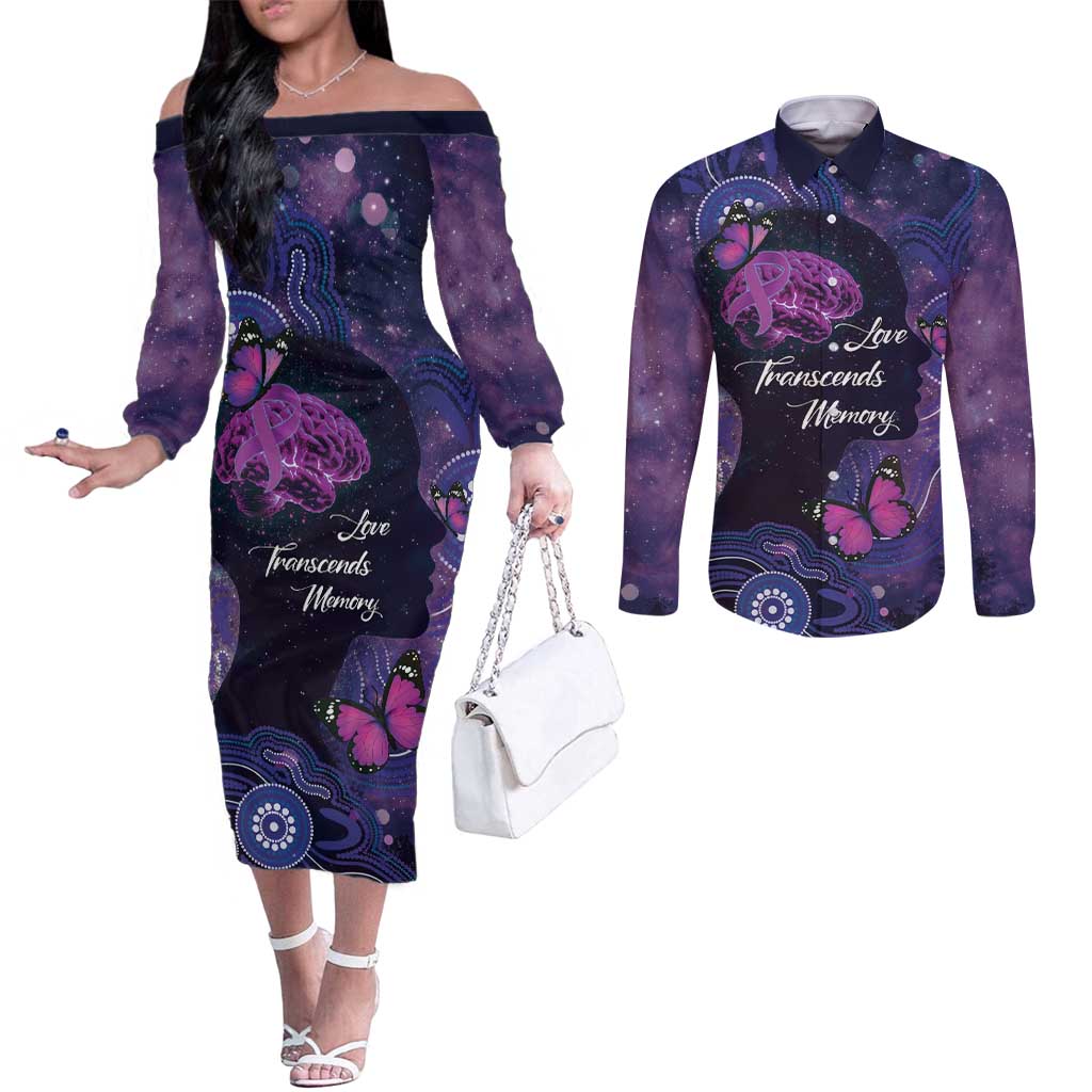 Alzheimer's and Brain Awareness Month Australia Couples Matching Off The Shoulder Long Sleeve Dress and Long Sleeve Button Shirt Love Transcends Memory