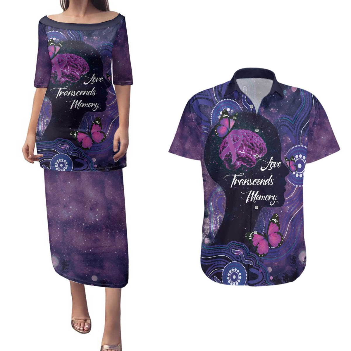 Alzheimer's and Brain Awareness Month Australia Couples Matching Puletasi and Hawaiian Shirt Love Transcends Memory