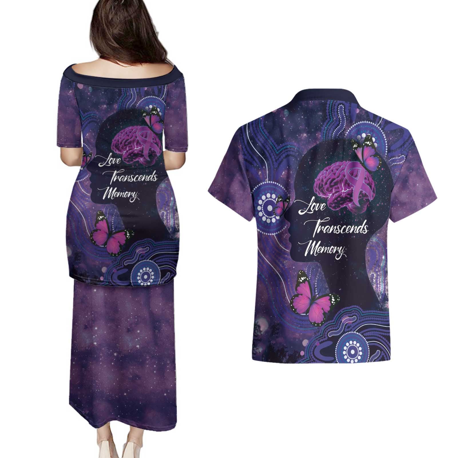 Alzheimer's and Brain Awareness Month Australia Couples Matching Puletasi and Hawaiian Shirt Love Transcends Memory
