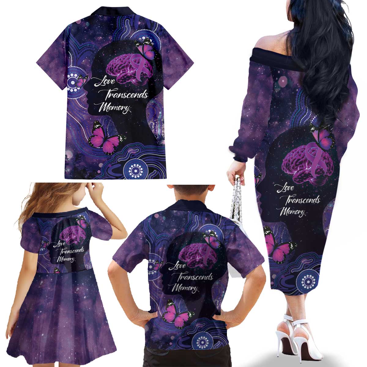 Alzheimer's and Brain Awareness Month Australia Family Matching Off The Shoulder Long Sleeve Dress and Hawaiian Shirt Love Transcends Memory