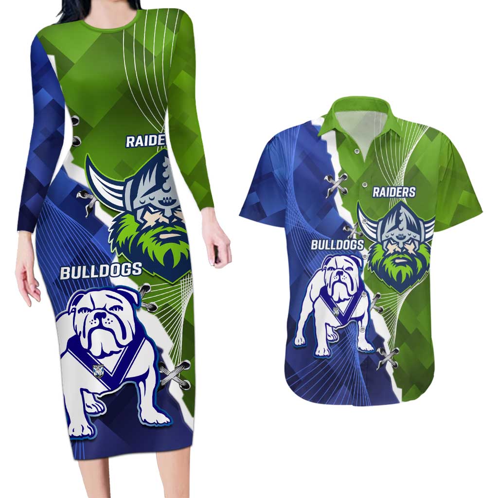 Custom Bulldogs And Raiders Rugby Couples Matching Long Sleeve Bodycon Dress and Hawaiian Shirt Dynamic Style