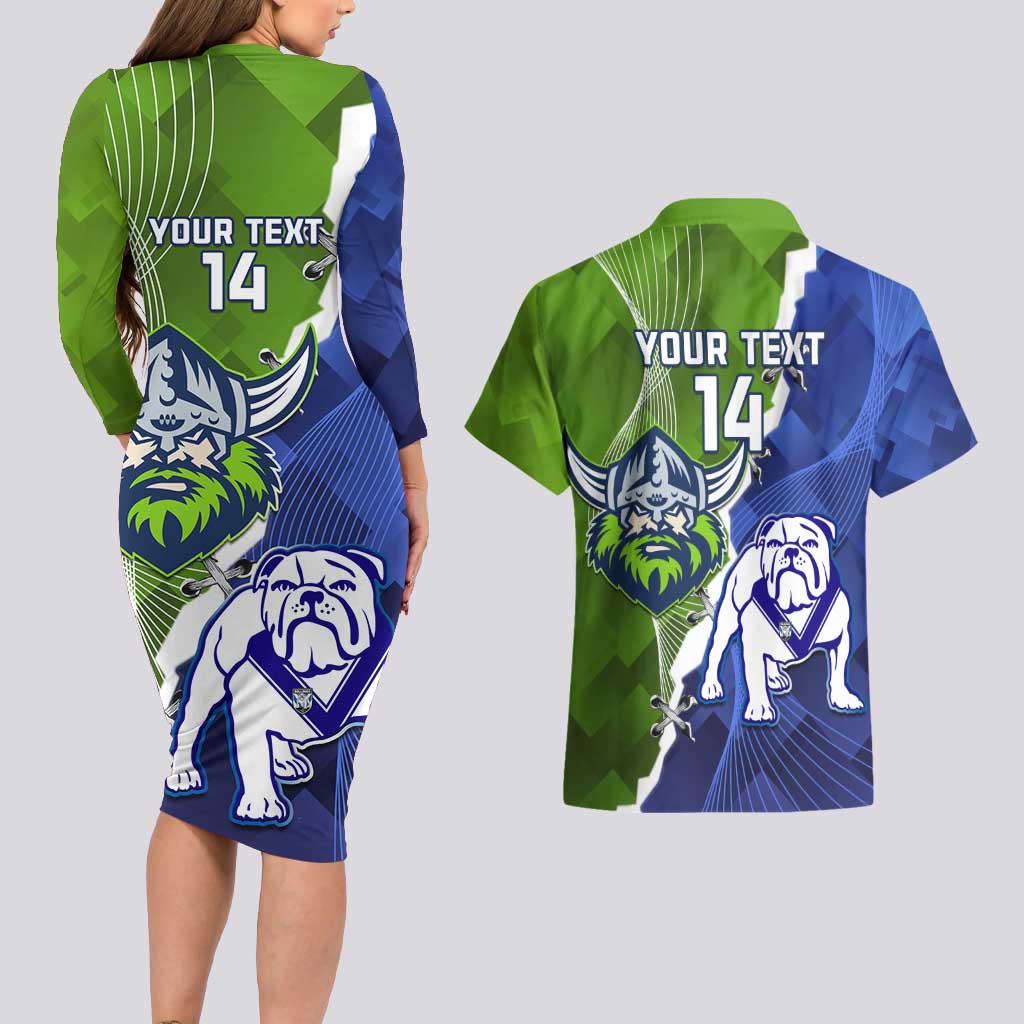 Custom Bulldogs And Raiders Rugby Couples Matching Long Sleeve Bodycon Dress and Hawaiian Shirt Dynamic Style