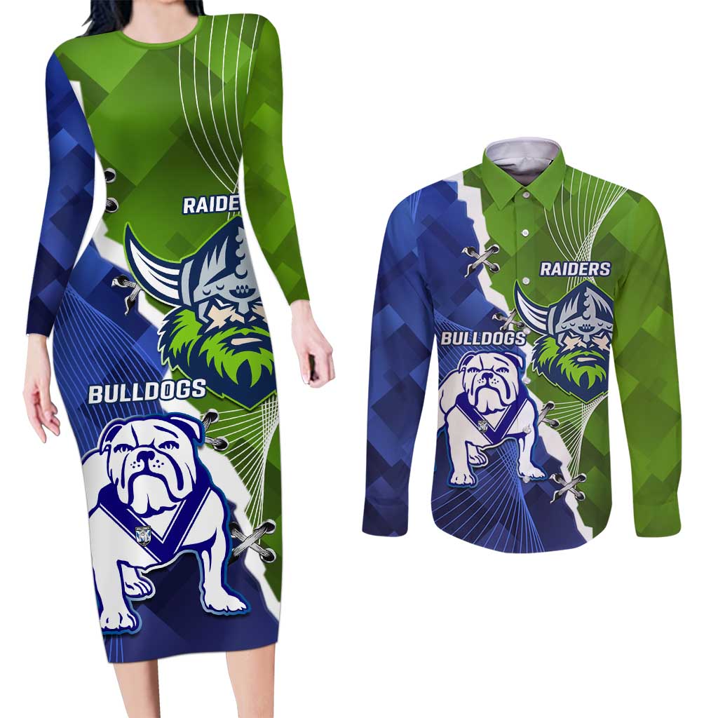Custom Bulldogs And Raiders Rugby Couples Matching Long Sleeve Bodycon Dress and Long Sleeve Button Shirt Dynamic Style