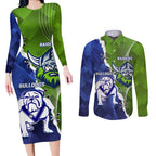 Custom Bulldogs And Raiders Rugby Couples Matching Long Sleeve Bodycon Dress and Long Sleeve Button Shirt Dynamic Style