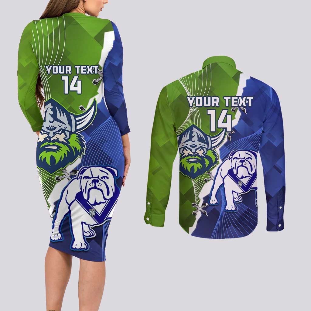 Custom Bulldogs And Raiders Rugby Couples Matching Long Sleeve Bodycon Dress and Long Sleeve Button Shirt Dynamic Style