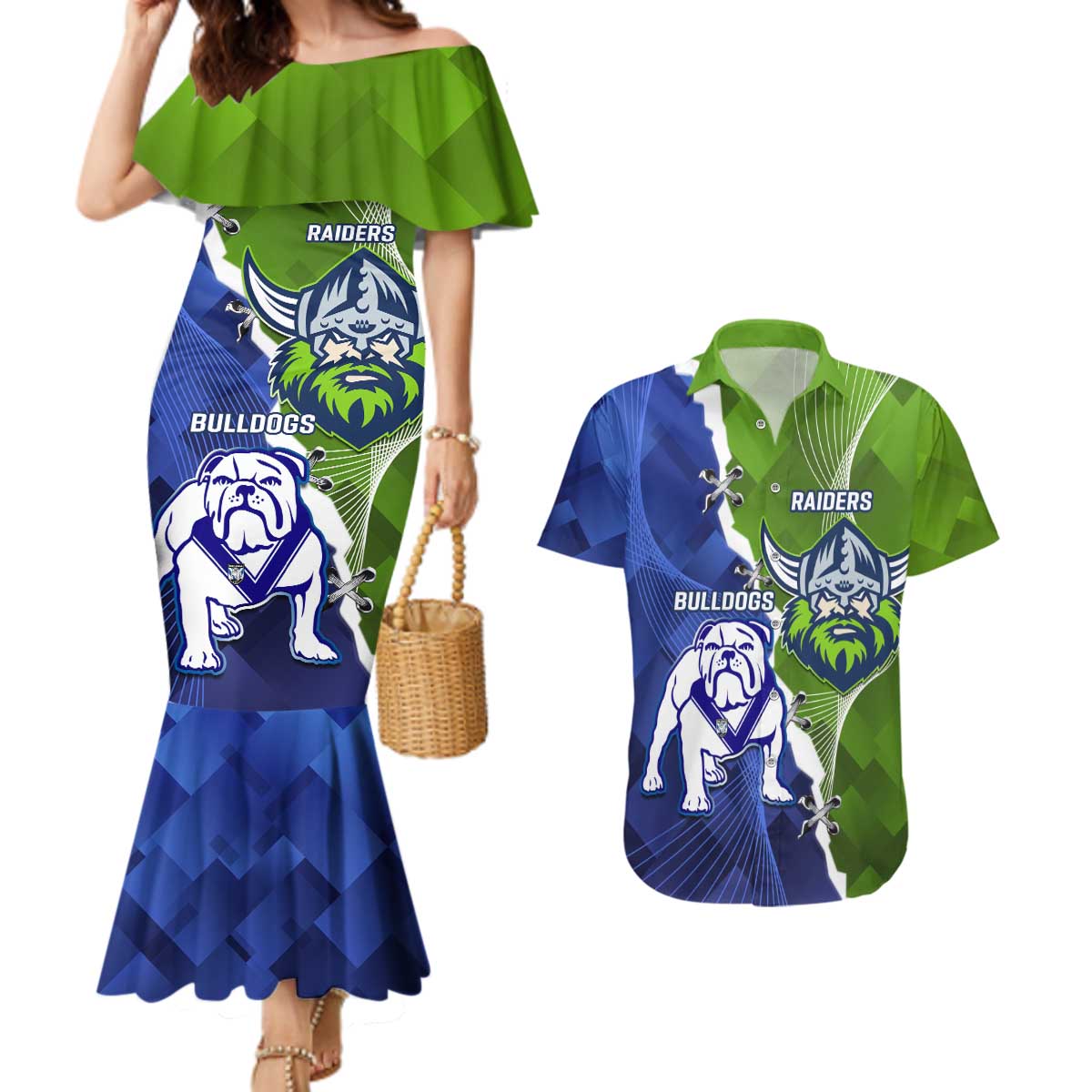 Custom Bulldogs And Raiders Rugby Couples Matching Mermaid Dress and Hawaiian Shirt Dynamic Style
