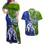 Custom Bulldogs And Raiders Rugby Couples Matching Off Shoulder Maxi Dress and Hawaiian Shirt Dynamic Style