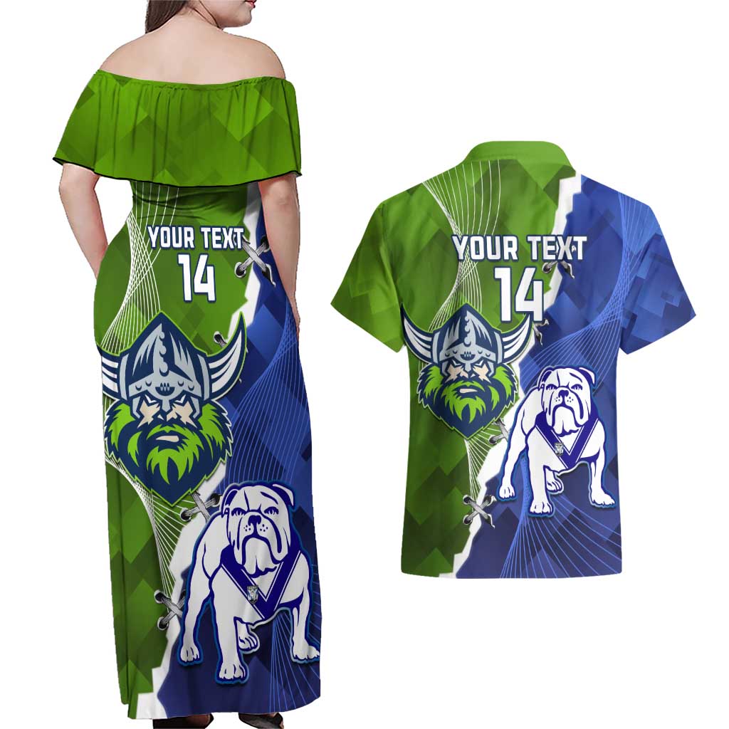 Custom Bulldogs And Raiders Rugby Couples Matching Off Shoulder Maxi Dress and Hawaiian Shirt Dynamic Style