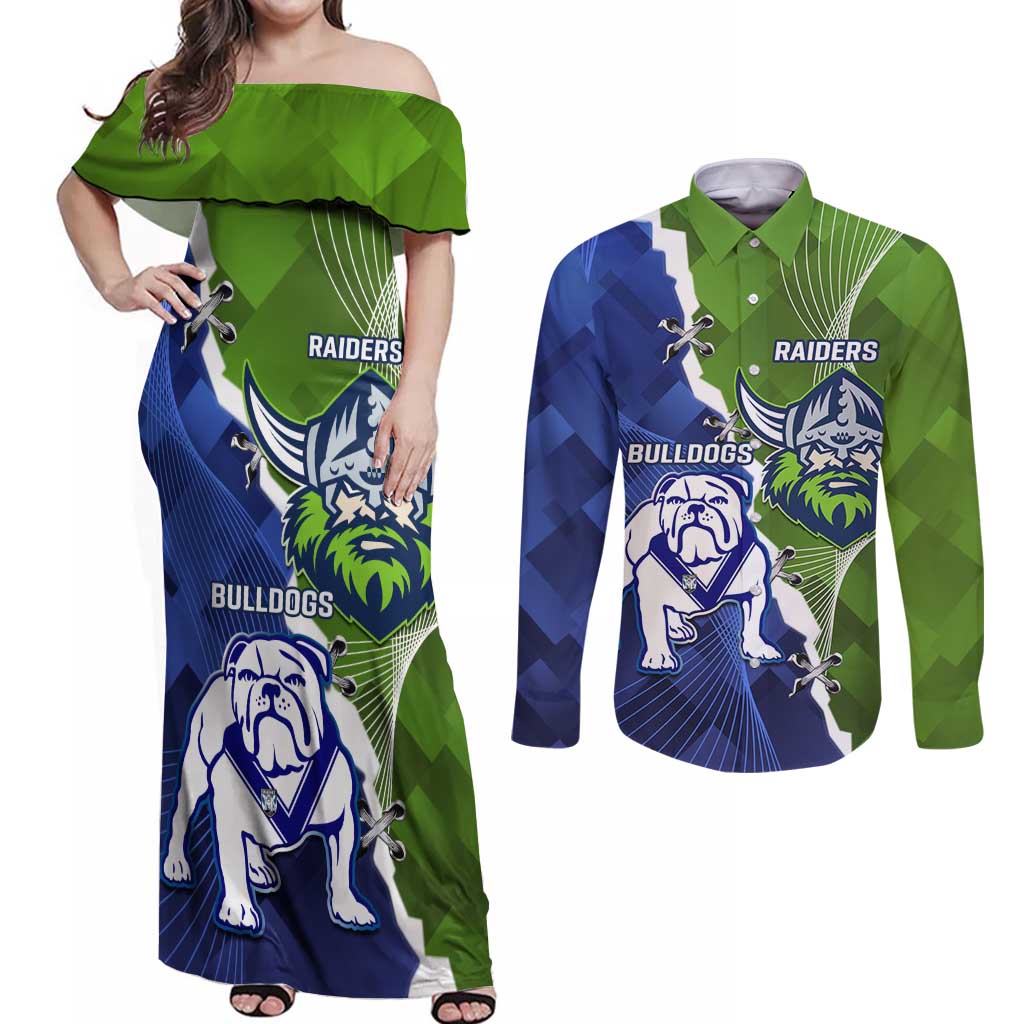 Custom Bulldogs And Raiders Rugby Couples Matching Off Shoulder Maxi Dress and Long Sleeve Button Shirt Dynamic Style