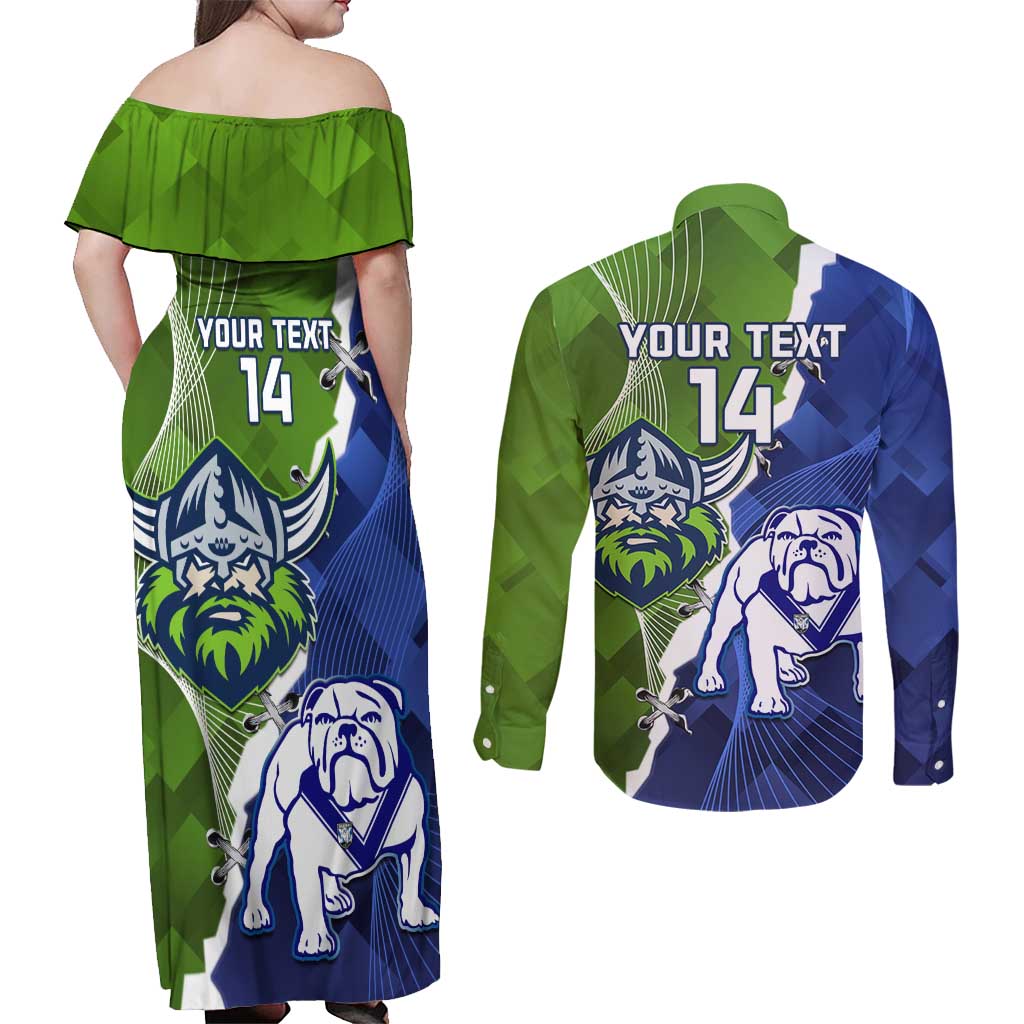 Custom Bulldogs And Raiders Rugby Couples Matching Off Shoulder Maxi Dress and Long Sleeve Button Shirt Dynamic Style