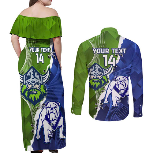 Custom Bulldogs And Raiders Rugby Couples Matching Off Shoulder Maxi Dress and Long Sleeve Button Shirt Dynamic Style