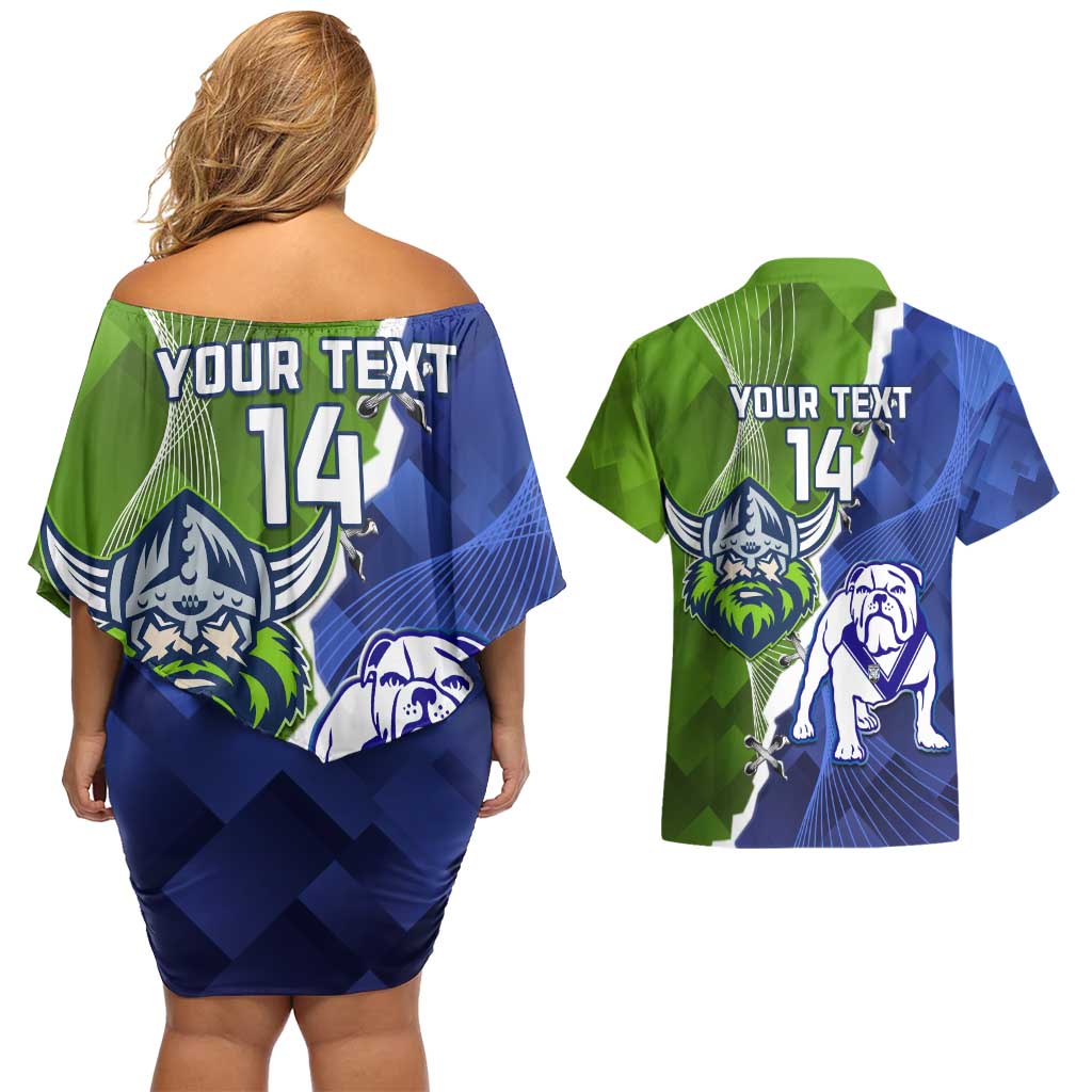 Custom Bulldogs And Raiders Rugby Couples Matching Off Shoulder Short Dress and Hawaiian Shirt Dynamic Style
