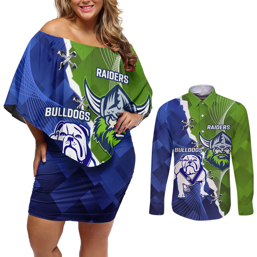 Custom Bulldogs And Raiders Rugby Couples Matching Off Shoulder Short Dress and Long Sleeve Button Shirt Dynamic Style
