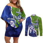 Custom Bulldogs And Raiders Rugby Couples Matching Off Shoulder Short Dress and Long Sleeve Button Shirt Dynamic Style