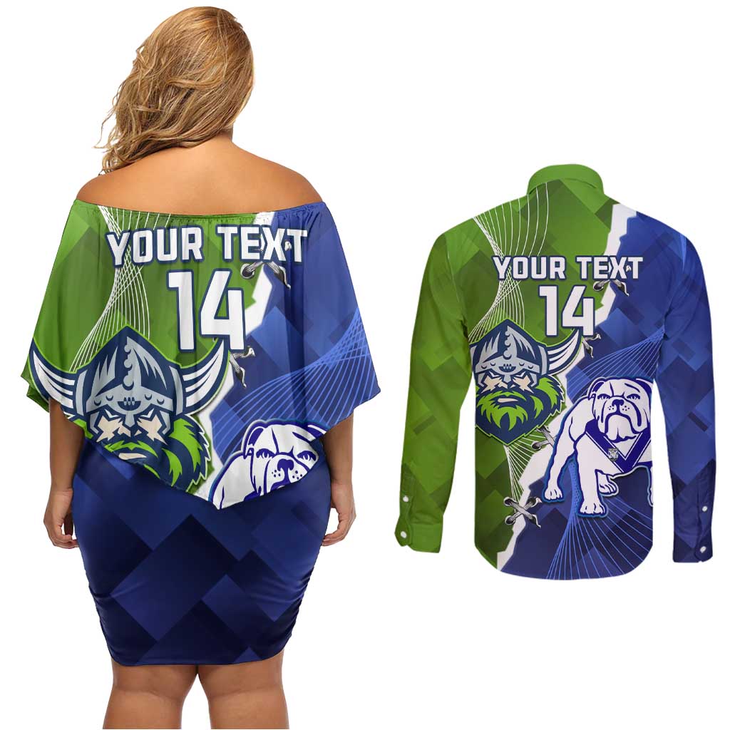 Custom Bulldogs And Raiders Rugby Couples Matching Off Shoulder Short Dress and Long Sleeve Button Shirt Dynamic Style