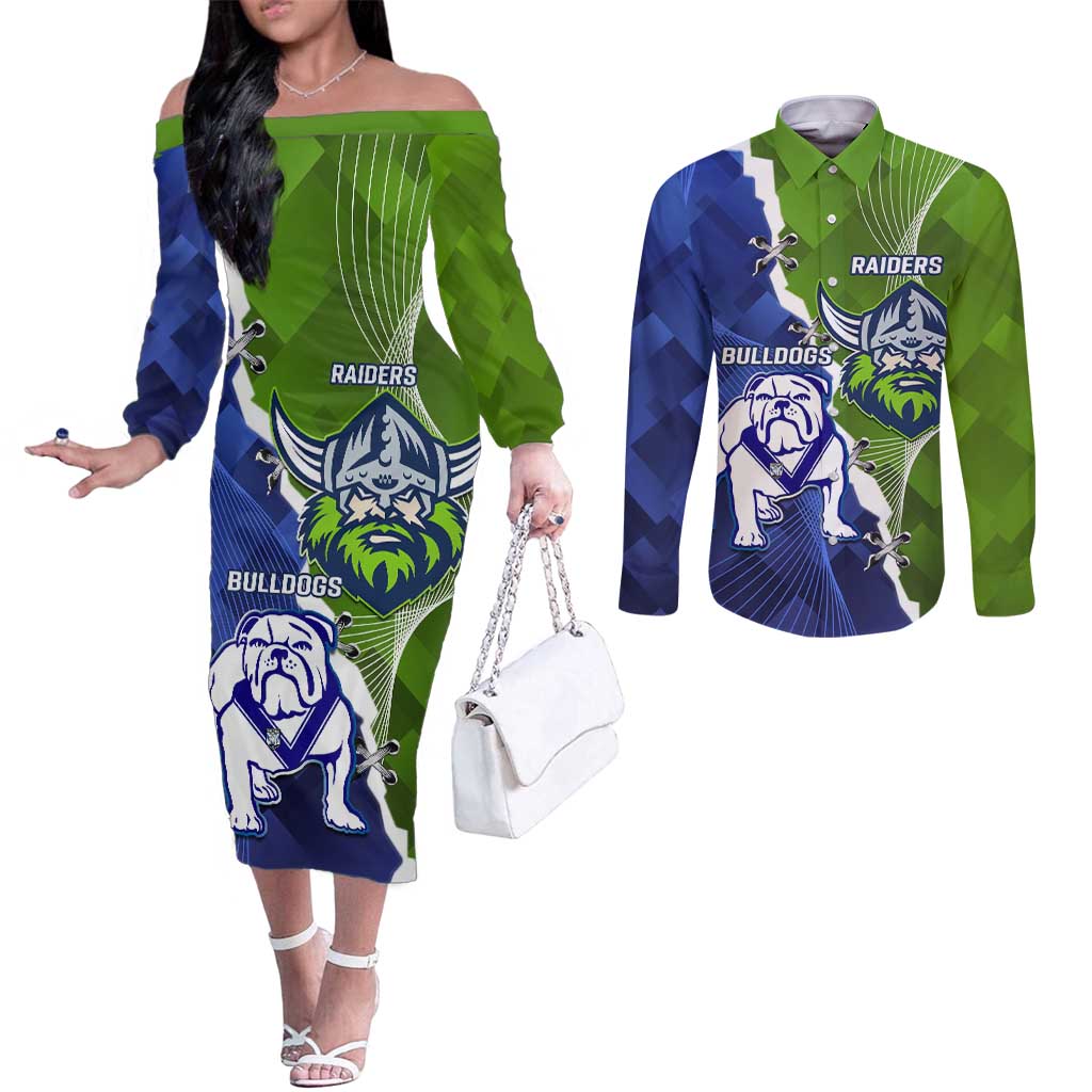 Custom Bulldogs And Raiders Rugby Couples Matching Off The Shoulder Long Sleeve Dress and Long Sleeve Button Shirt Dynamic Style