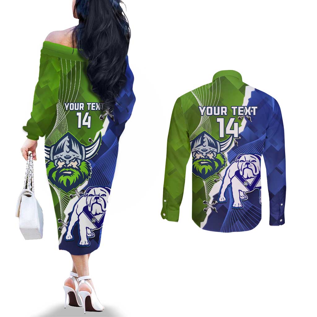 Custom Bulldogs And Raiders Rugby Couples Matching Off The Shoulder Long Sleeve Dress and Long Sleeve Button Shirt Dynamic Style